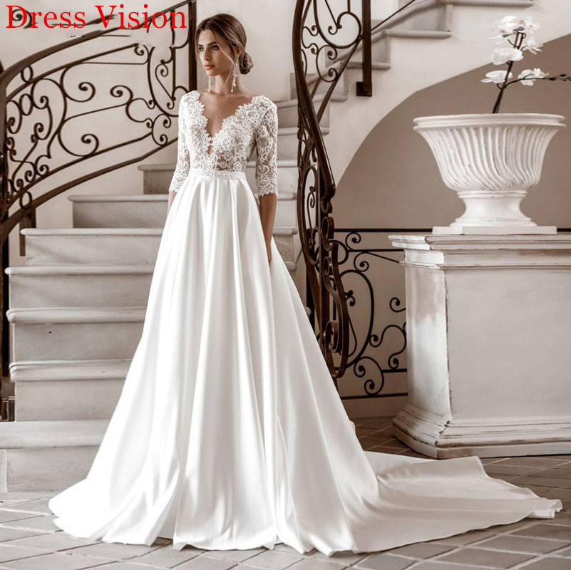 

2021 Lace V-neck Half Sleeves Vestidos Novia Satin Wedding Party Robe De Soiree Bride to Be Tbdv, Same as image