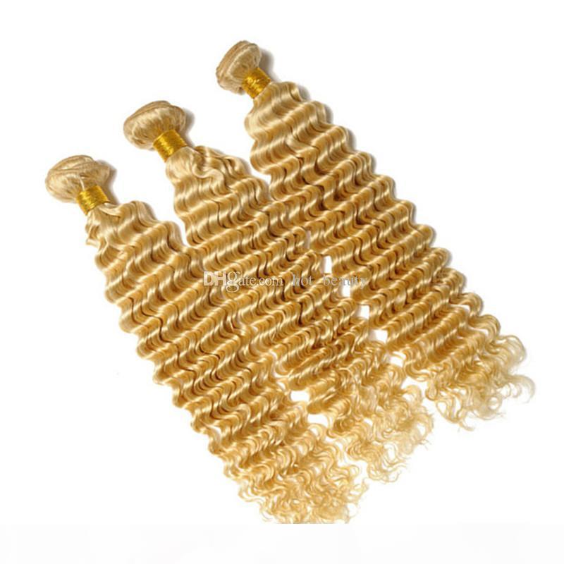 

Brazilian Blonde Virgin Hair Deep Wave 3Pcs Platinum Blonde Curly Hair Weft #613 Gold Blonde Human Hair Weave Bundles, Black