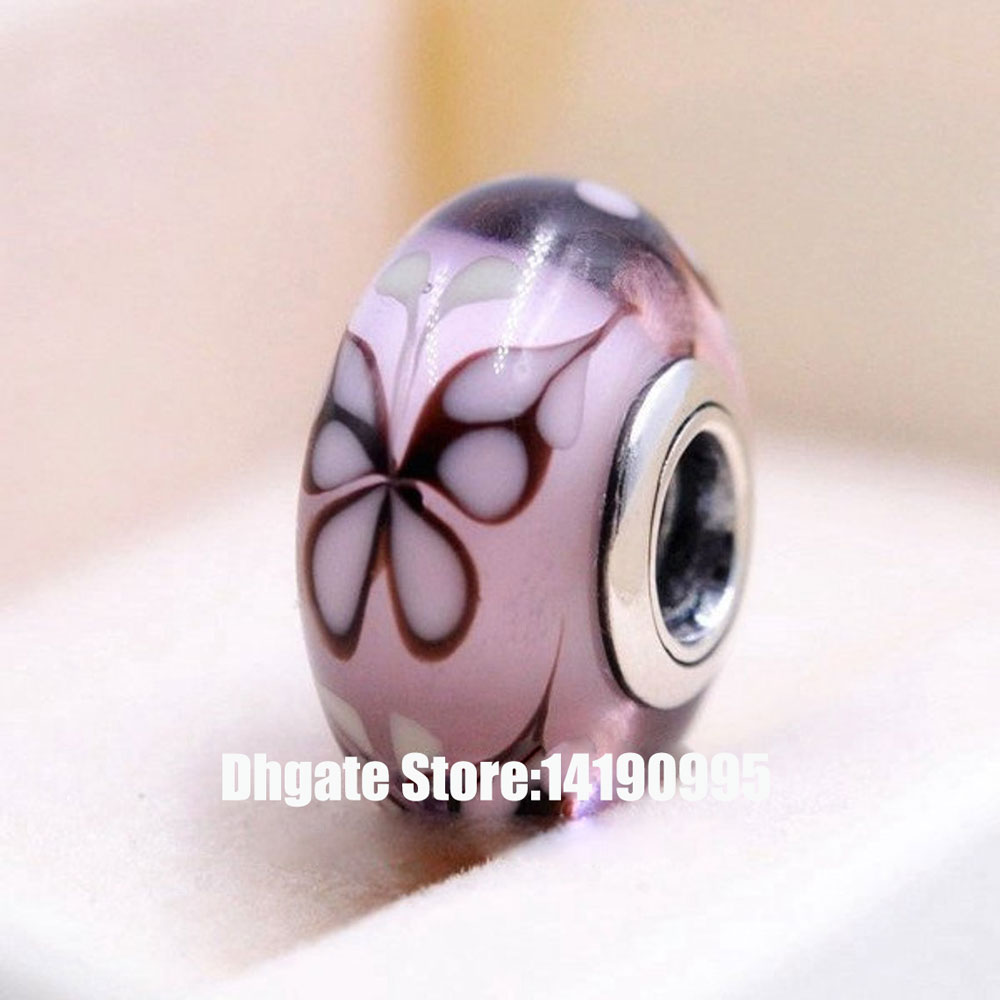 

2pcs 925 Sterling Silver Threaded Pink Butterfly Kisses Murano Glass Beads Fit European Pandora Jewelry Charm Bracelets & Necklace