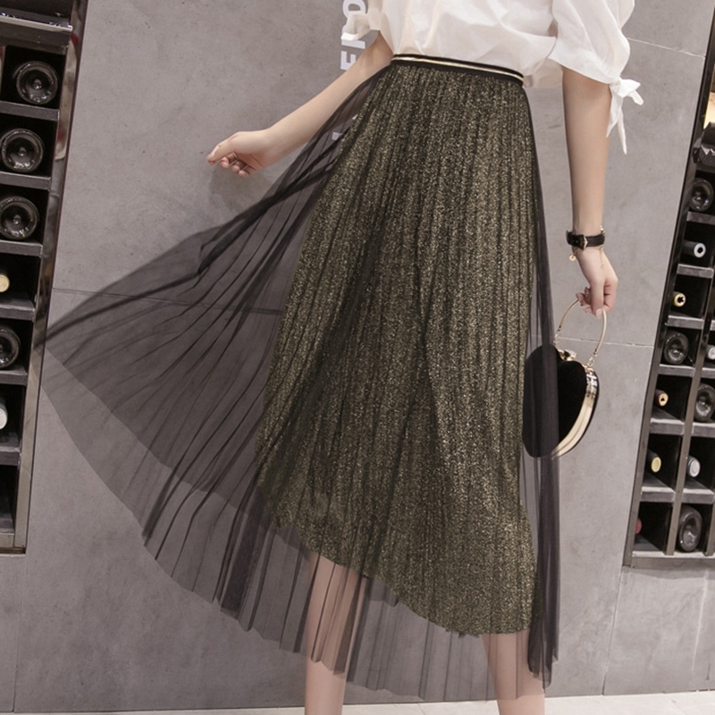 

2021 New Women Pleated Solid Mesh Spring and Summer Midi Skirt Female Temperament Elastic High Waist Long Casual Vintage Skirts 58mi