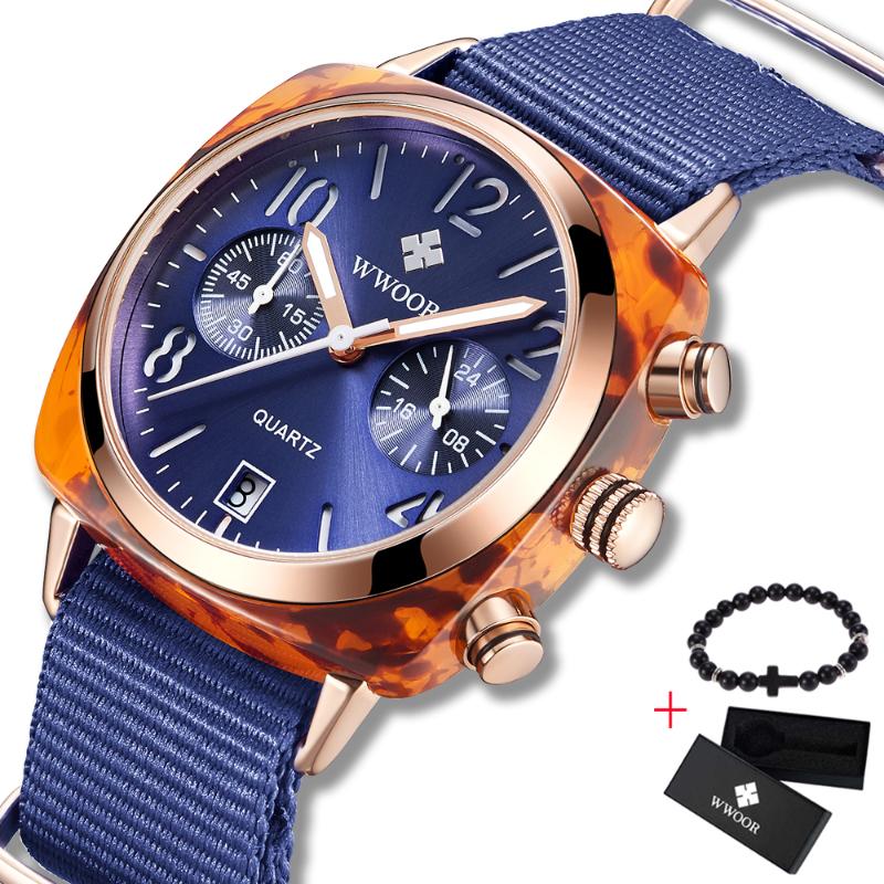 

Wristwatches WWOOR Women's Casual Quartz Watches Waterproof Wristwatch Women Fashion Dress Nylon Ladies Clock Free Gift Box 202, Red