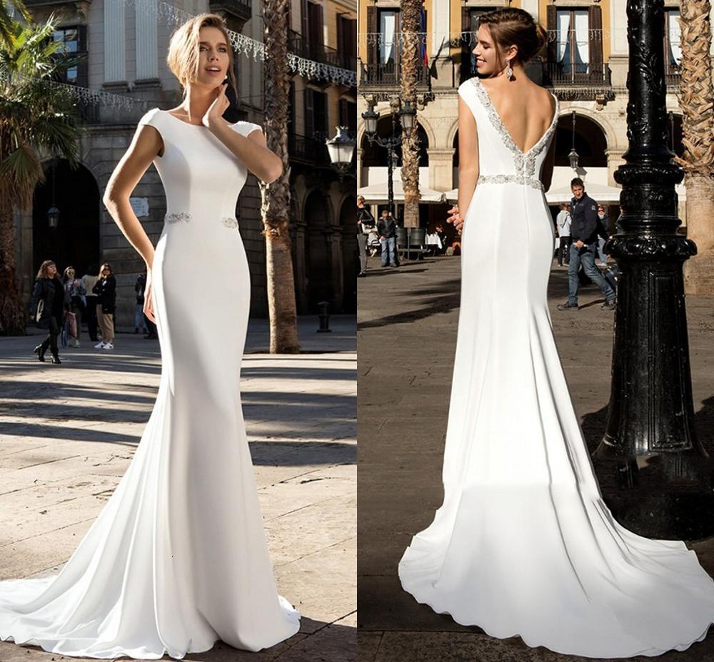 

New Mermaid Long Wedding 2021 Vestido De Novia Satin Beaded Cap Sleeve Backless Bridal Gowns Robe Mariee 661z, White