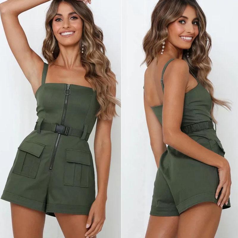 

Women's Jumpsuits & Rompers Elegant Spaghetti Straps Sashes Solid Women Playsuit Summer Pockets Zipper Short Jumpsuit Casual Female Overalls, Black;white