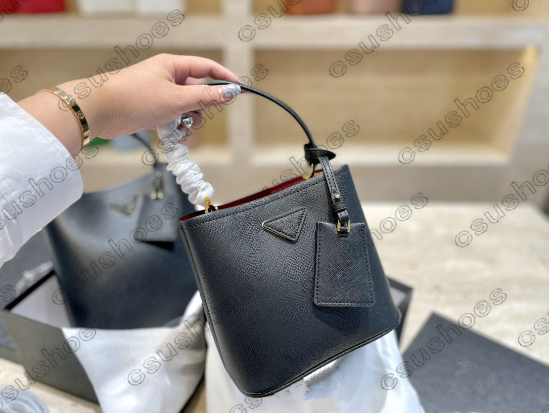 

Womens Brand Nylon Designers Handbag Double Saffiano Canvas Leather Bucket Bag Ladies Shoulder Messenger Bag Drawstring Cross body Purse