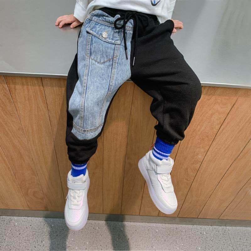

Boys Casual Denim Pants 2021 Spring Autumn Big children Splicing Cotton Trousers Kids Casual Sport Jeans, Black