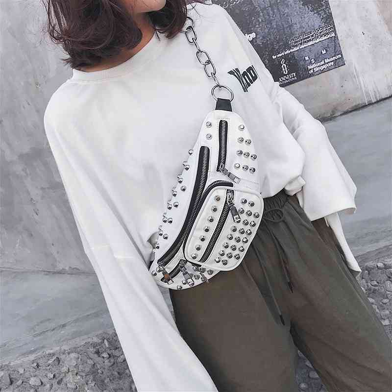 

New rivet simple leisure fashion women's waist Korean version single shoulder diagonal bag, White