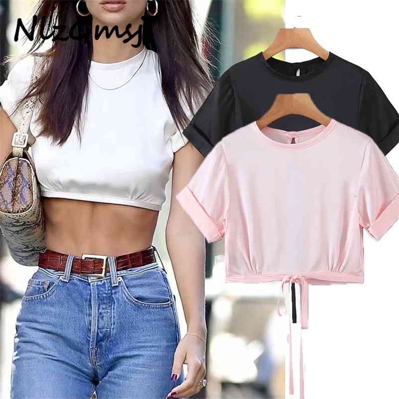

Summer Blouse Shirt Women Sexy Backless Bandage Crop Top White Short Tie Front Tops Blusas De Mujer 04 210628, As picture