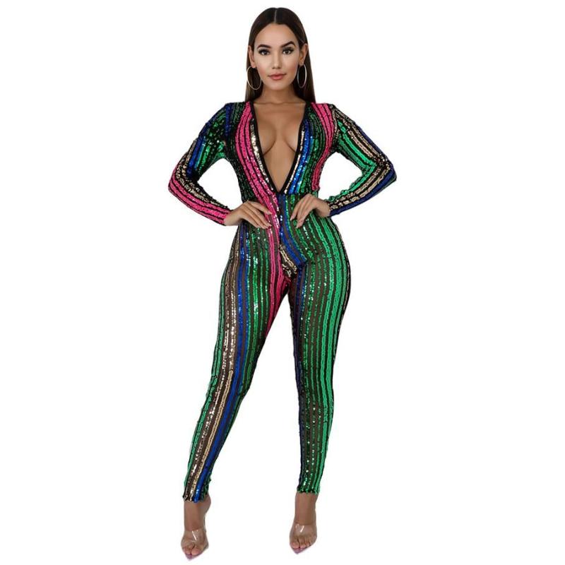 

Women' Jumpsuits & Rompers Elegant Sexy Plus Size Skinny Women V-Neck Long Sleeve Ladies Striped Sequin, Multi