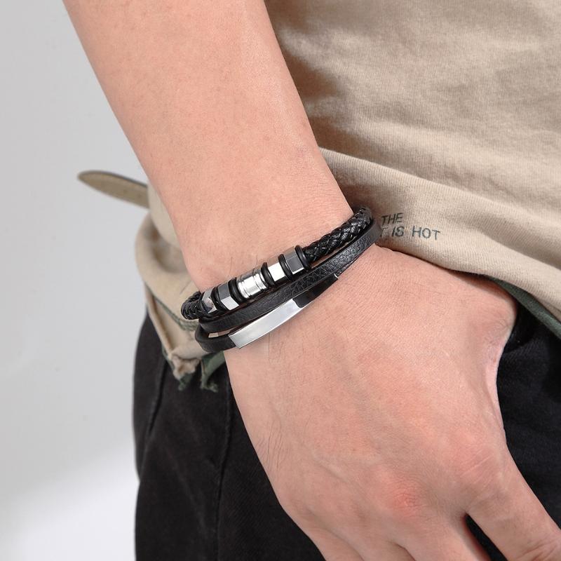 

Charm Bracelets Fashion Stainless Steel Multi-Layer Genuine Leather Bracelet For Man Exquisite Craft Gift, Golden;silver