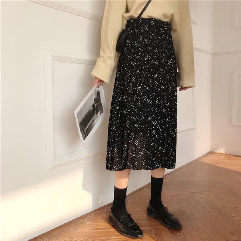 

Skirts Korean Casual Wild Little Print Pleated Mid-length Skirt Female Women, Black