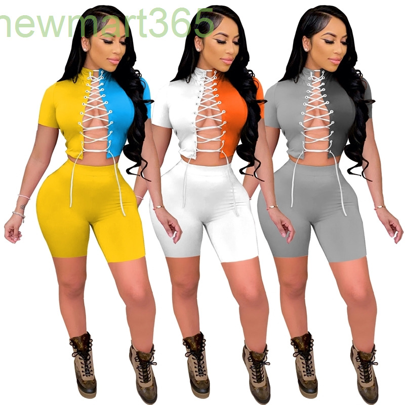 

Designers Women Tracksuits Two Piece Suit Summer Contrast Short Sleeve Outfits High Elastic Fabric Sexy Clothes 2021, Yellow