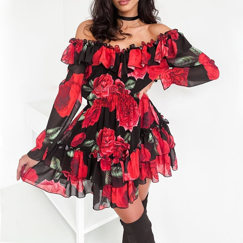 

New Women Off Shoulder Ruffles Flower Print 2021 Spring Long Sleeve Elegant Evening Party Female Beach Holiday Vestidos 0blk, Red