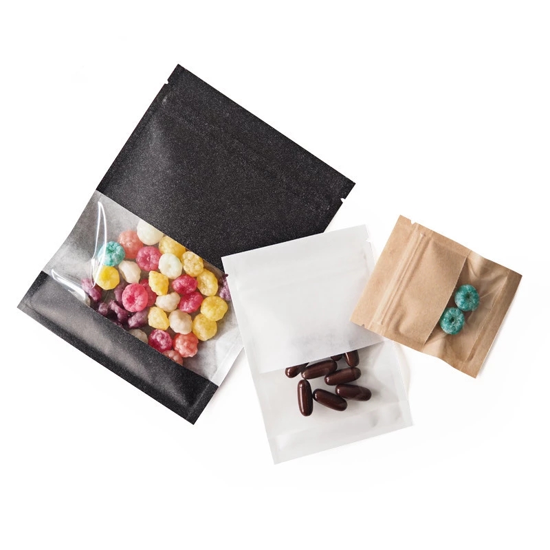 

100 Pack 7x9cm 9*13cm 13*18cm Brown White Clear Window Brown Kraft Paper Smell Proof Sample Coffee for Dried Fruits Tea