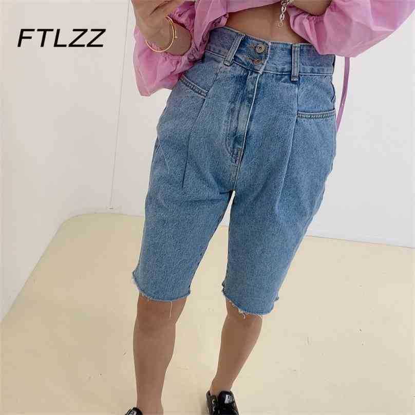

Woman Knee Length Casual Jeans Summer High Waisted Streetwear Shorts Korean Denim Bottoms Button 210525, Blue