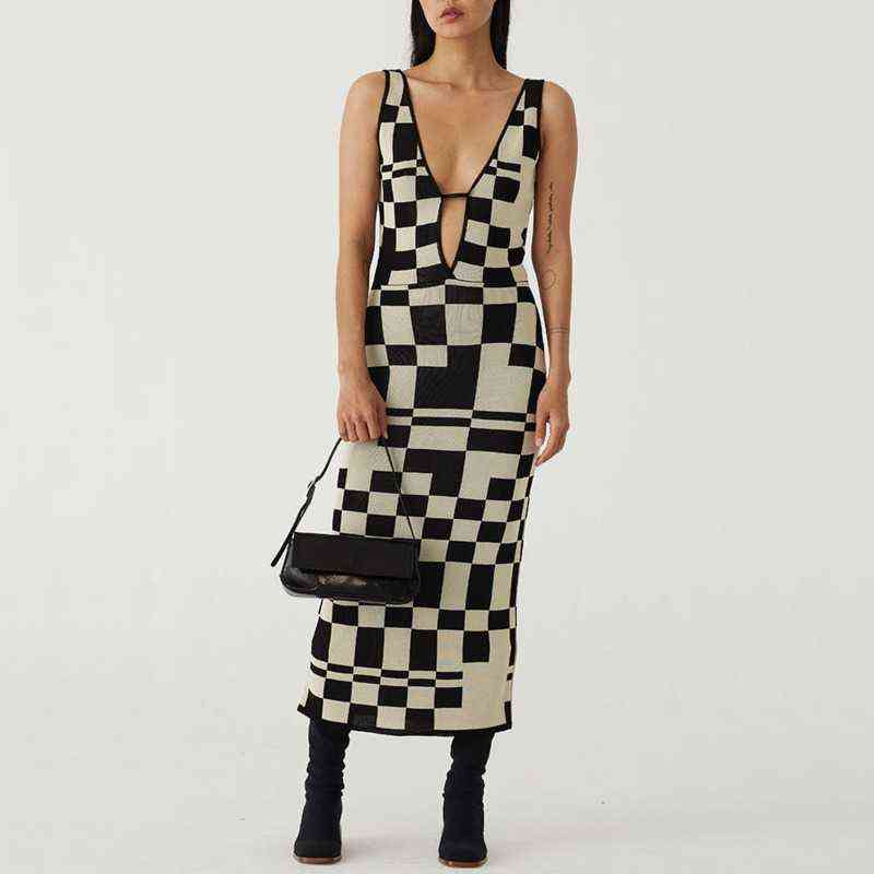

Women' Knitted Dress Sexy Bodycon Party Dresses Backless Plaid Print Spaghetti Strap Hollow Out Vestidos Summer Women Dresses G1223, Mini dress
