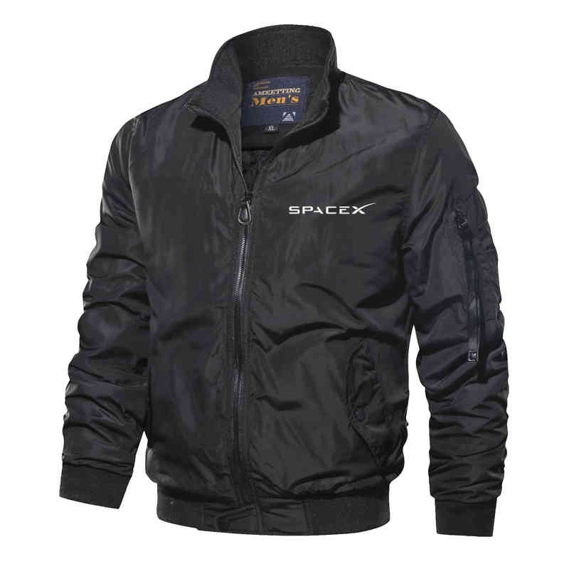

2021 New Spacex Printing Men's Aurumn Winter Casual Stand-up Collar Flight Jacket Outdoor Sports Fitness Baseball Uniform, Black