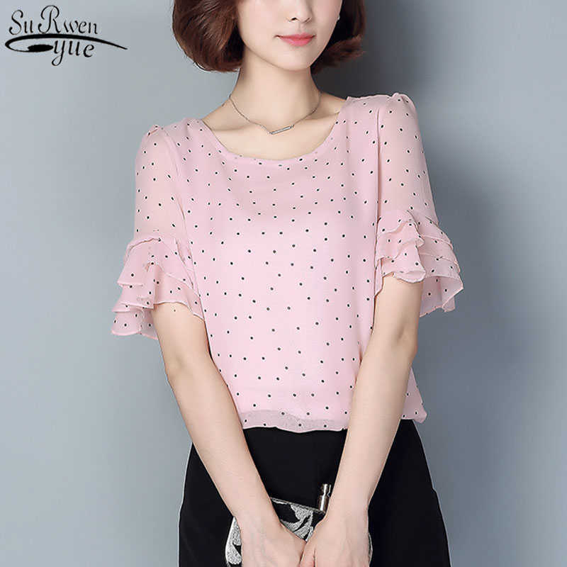 

Summer Women's Chiffon Blouse Fashion Plus Size  Polka Dot Tops Female Casual Shirt Clothing Pink White Shirt 210527