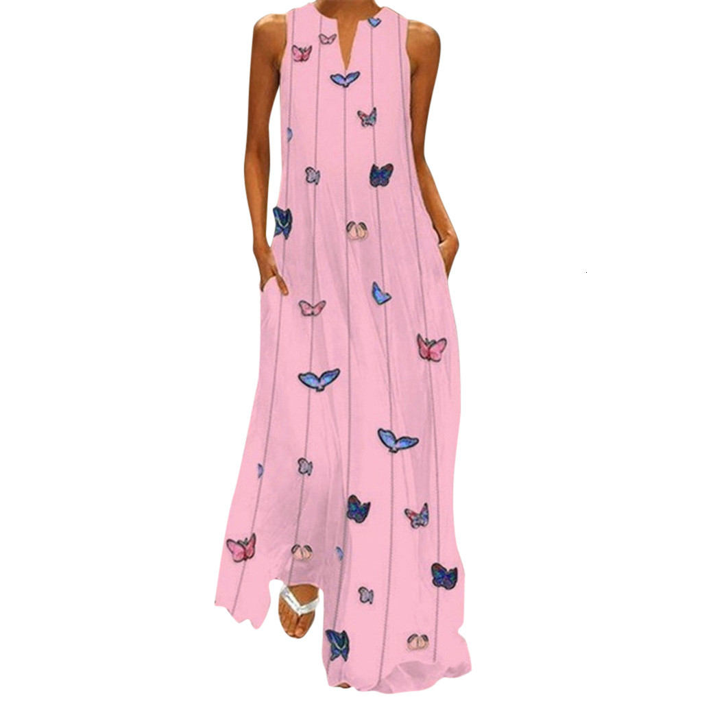

2021 New Summer Plus Size Bohemian Maxi Women Daily Casual Sleeveless Striped Butterfly Print Beach with Pocket Q4bd, Yellow