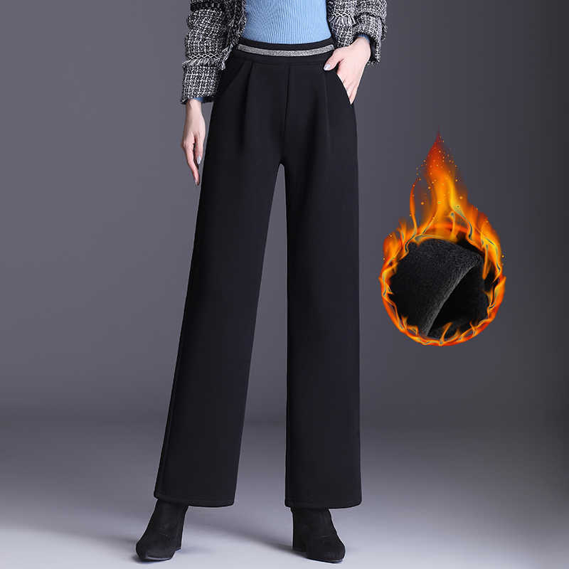 

wide leg pants women flare trousers winter fleece high waist Pantalon casual female Solid loose womens leggins 210608, Black