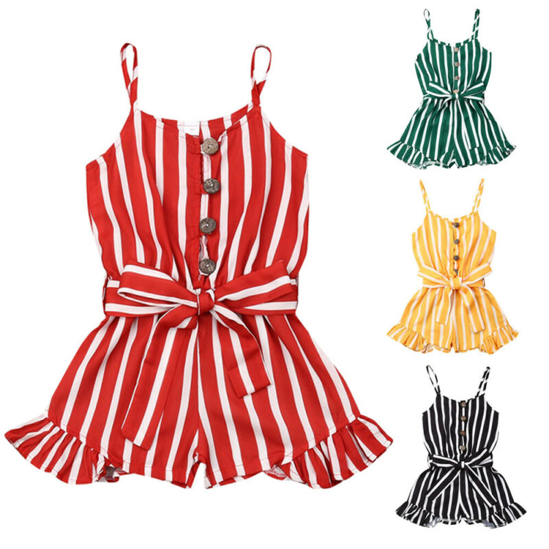 

Summer 3-8Years Baby Girl Striped Jumpsuit Summer Girls Sleeveless Overalls Kid Playsuit Children Costumes Red Black Blue Romper