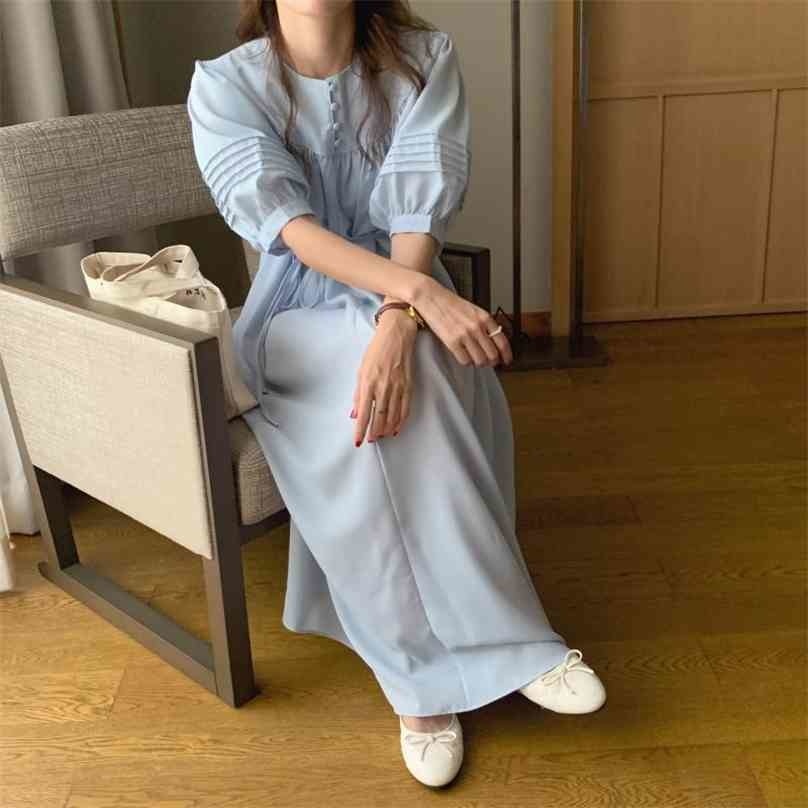

Straight Retro Solid Loose Casual Chic Long Dress O-Neck Elegant Party Sweet Summer Puff Sleeve Women 210525, Blue