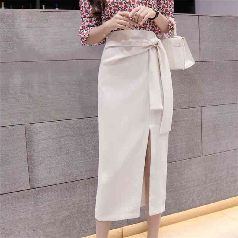 

Women' High Waisted Midi Skirt Casual Black Bodycon Split Sashes Skirts Female Autumn Office Lady Lace Up Beige Clothes 210708