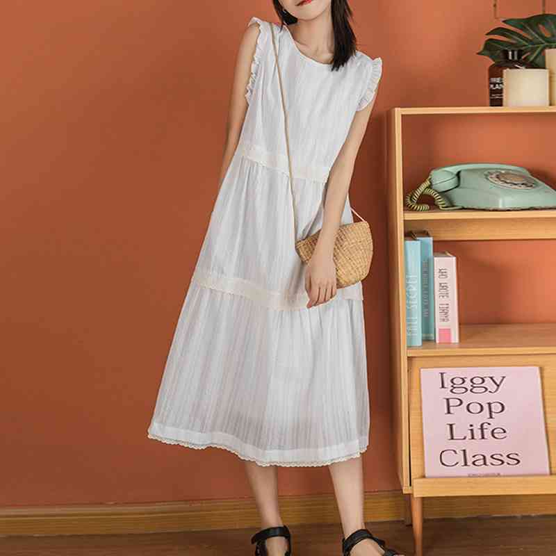 

Fresh Sweet O-neck Sleeveless Dresses for Women Summer Casual Loose Silm Dress Ruffle Patchwork Design Big Swing Vestidos 210525, White