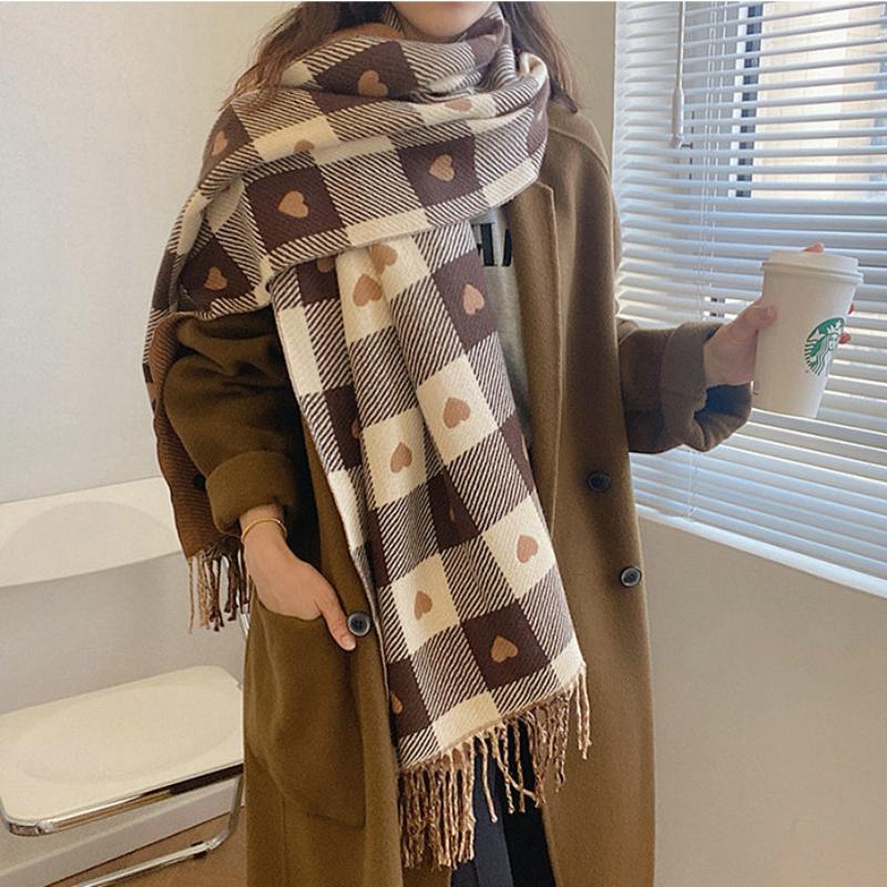 

Scarves Designer Brand Winter Women Scarf Double-sided Heart Plaid Print Big Shawl Ladies Warm Cashmere Blanket Female Foulard Bandana