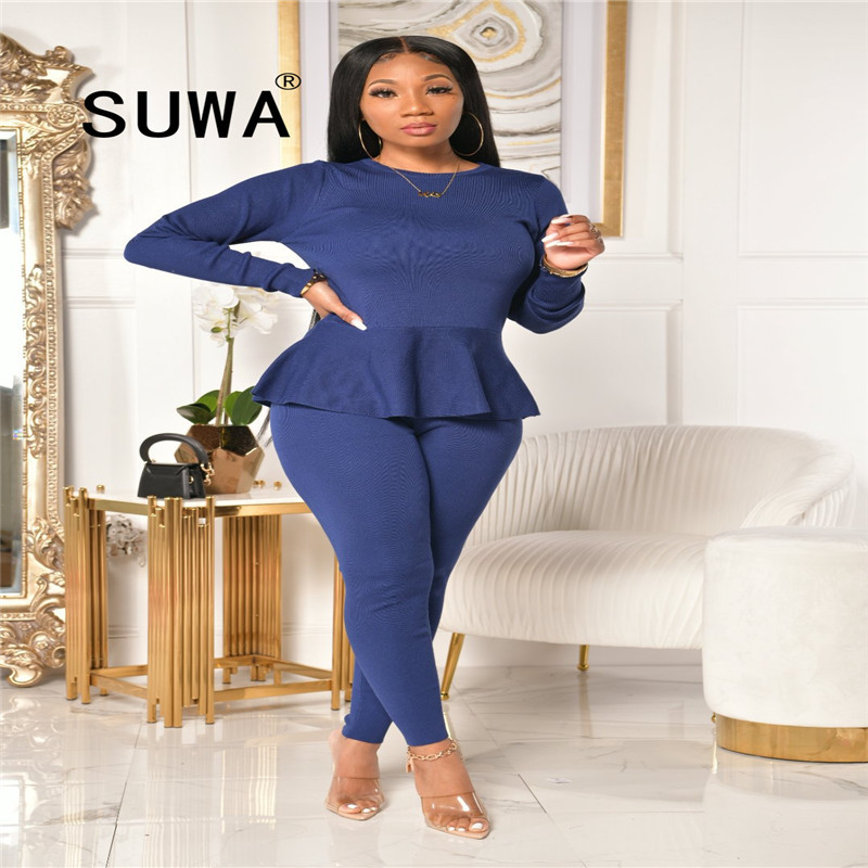 

2 Piece Set Women Lounge Wear Casual Ruffles Long Sleeve Bandage Tops Pencil Pants Sets Autumn Slim Solid Fashion Clothes 210525, Gray