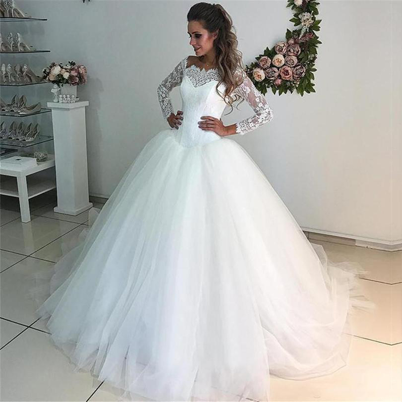 

Custom Long Sleeves Lace Wedding Dresses with Appliques Off Shoulder Court Train Tulle Plus Size Wedding Bridal Gowns vestidos de novia, White