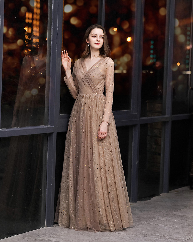 

New Dark Champagne Evening Sheer V-neck Long Sleeve A-line Elegant Robe De Soiree 2021 Bling Sequin Formal Party Gowns Wve4