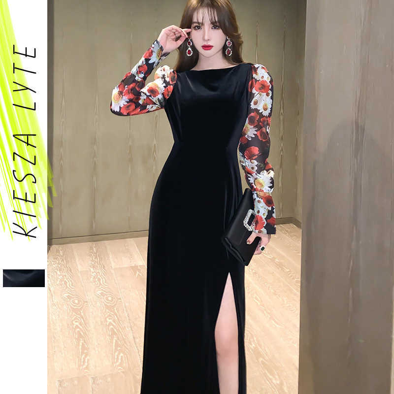 

Velvet Dress Long Sleeve Printed Spliced Black es Spring Sexy Year Party 210608