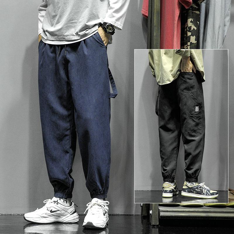 

Men's Pants Mens Korean Fashion 2021 Autumn Style Waistband Casual Cropped Trousers Trendy Multi Pocket, Black