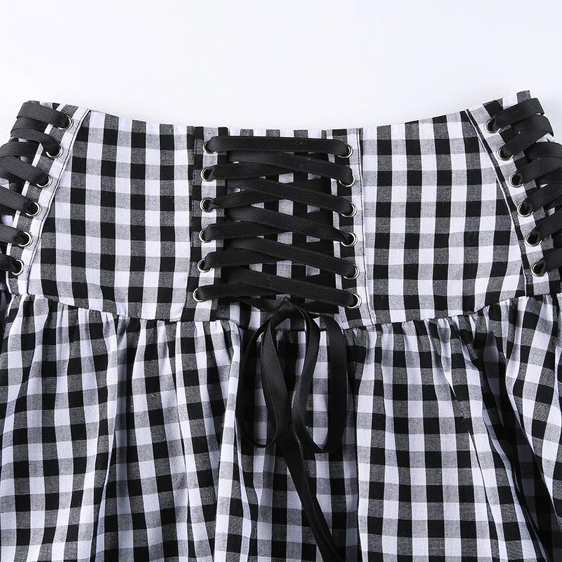 

Skirts Spring Autumn Harajuku Girl Kawaii Black Plaid Lace Bandage Streetwear Fashion Punk High Waist Mini Skirt