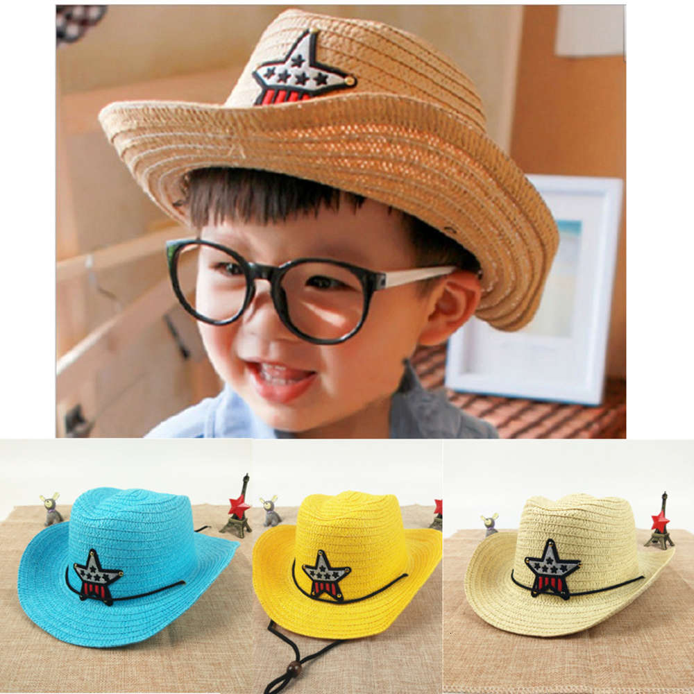 

In summer of 2019, Western Cowboy children's straw hat, boys and girls' sunscreen Beach Hat tide, Yellow