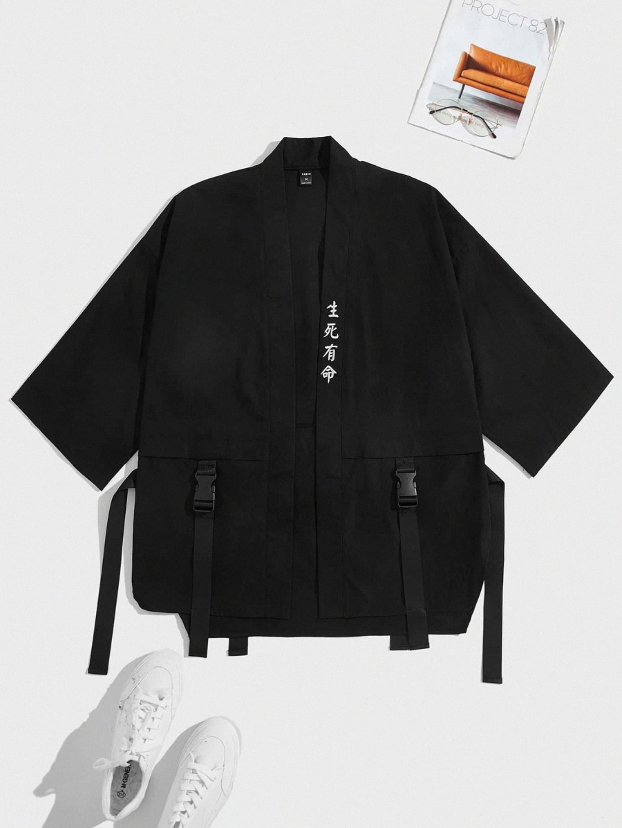 

Men Chinese Letter Embroidery Buckled Flap Pocket Kimono Shirt e5W2#, Black