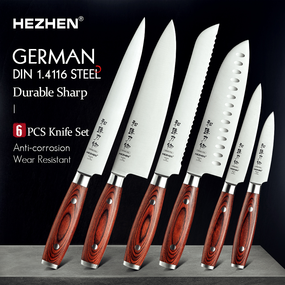 

HEZHEN 1-6PC Knife Sets Carving Chef Bread Santoku Utiity Paring Pakka Wood Hande & Stainess Stee Rivet Kitchen Too