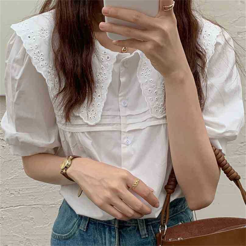 

Arrival Lace Patchwork Hollow Out Sweet Lady OL Brief Chic Stylish Femme All Match Prom Shirts Tops 210525, Blue