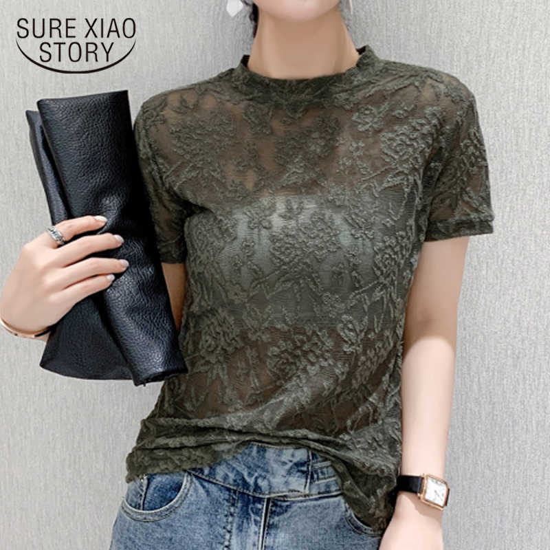 

Korean Fashion Clothing Hollow Out Shirt Female Vintage Summer Tops Street wear Slim Short Sleeve Lace Blouse Blusas 9890 210527, Black