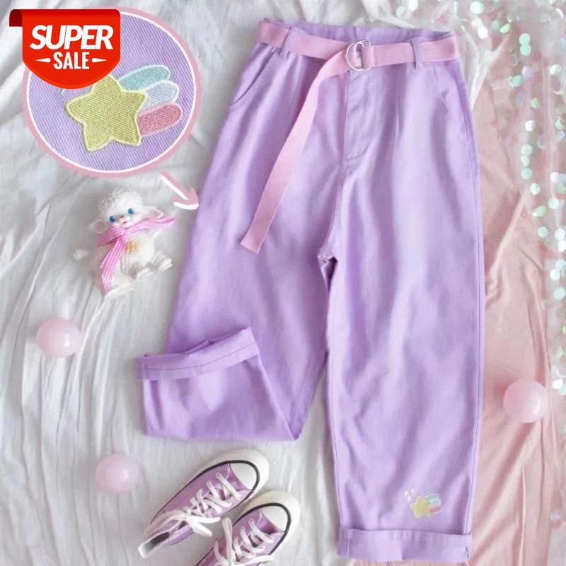 

sweet high waist pants purple women sweatpants womans 2020 plus size japanesel streetwear trousers Ankle-Length straight clothes #D035, Black;white
