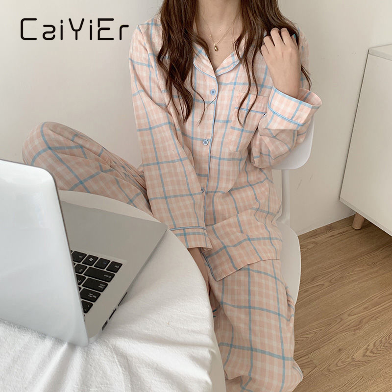 

CAIYIER Cute Grid Girls Pajamas Set Korean Autumn Winter New Long Sleeve Leisure Sleepwear Women Loose Nightwear Homewear Suit, 1011