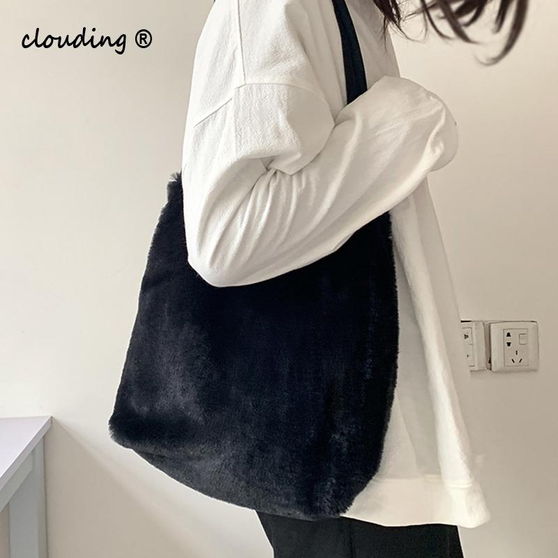 

Fluffy Bags for Women 2021 New Tops Shopper Shopping Tote Shoulder Luxury Handbags Faux Fur Fashion Simple Female Plush Gift Bag, Black