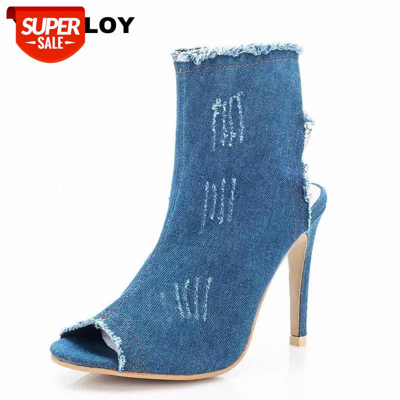 

2019 Peep Toe Gladiator Shoes Women Pumps Denim High Heels Cutout Stiletto Zip Thin Party Blue Super Zapatos Mujer Lady Shoes #aL8g