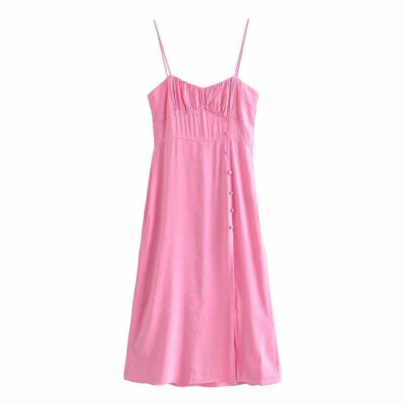 

Women Summer Pink Dress with Lace up Backless Thin Straps Side Button Vents Chic Lady Midi Dresses Woman 210709