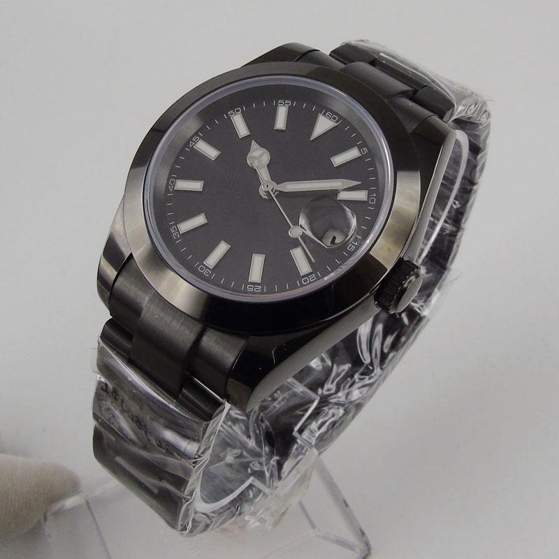 

Wristwatches 40MM Sterile Dial Steel PVD Coated 21 Jewels MIYOTA 8215 Magnifier Clear Glass Back Automatic Mens Wristwatch, Solid case back