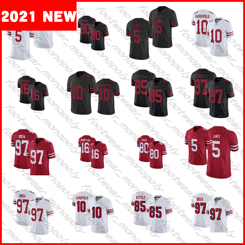 

2021 Football Jersey 5 Trey Lance 10 Jimmy Garoppolo 97 Nick Bosa 85 George Kittle 16 Joe Montana 80 Jerry Rice, Black;red