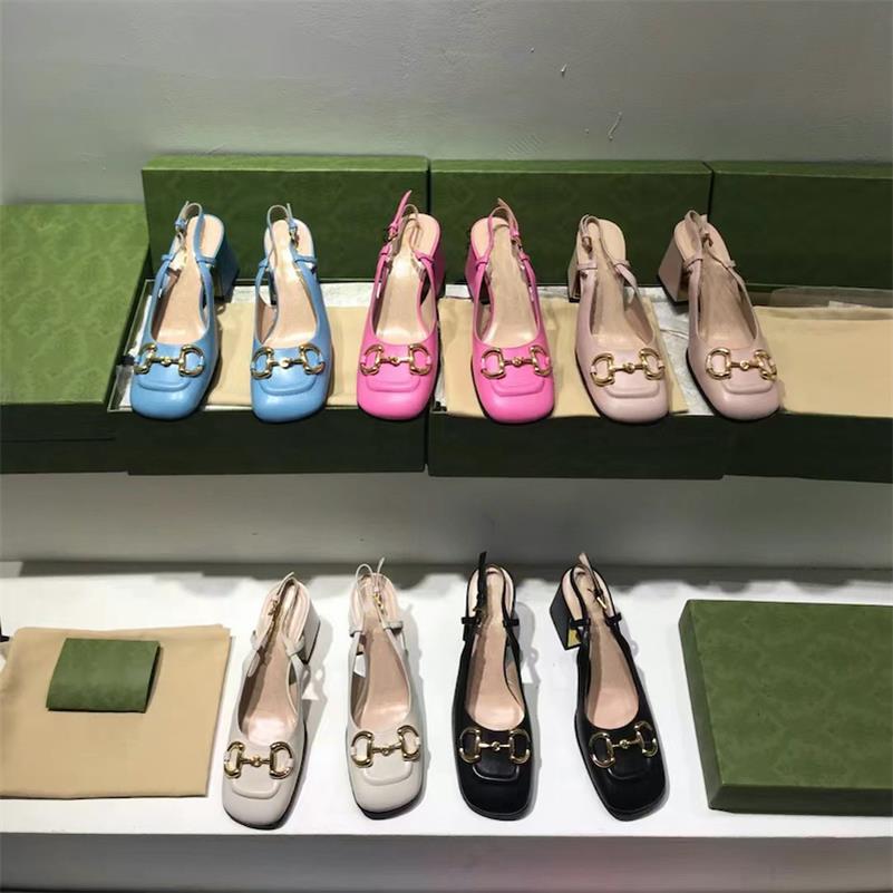

New Women's mid-heel Slingback pump with Horsebit Summer Vintage Sandals Real Leather Mules Shoes Square Serpentine Party Shoes With Box 273, Color 1