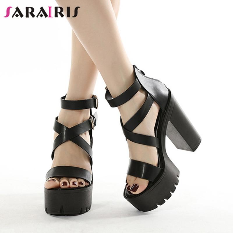 

SARAIRIS Brand Design Female Mature Office Sandals Summer Fashion Sandals Women Platform Thick High Heels Black Shoes Woman