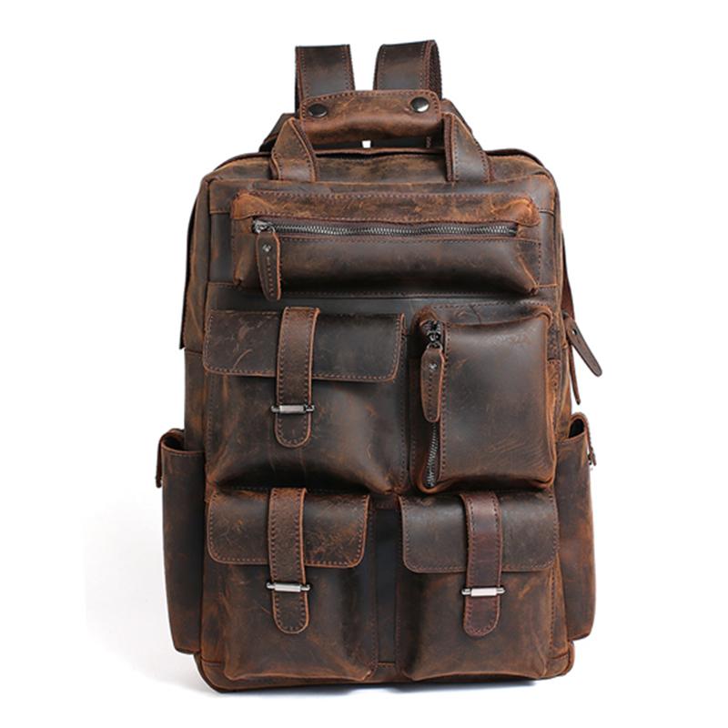 

Backpack Men's Crazy Horse Genuine Leather Designer Schoolbag For 15 Inch Laptop Bag Tactical Daypack Men, Brown