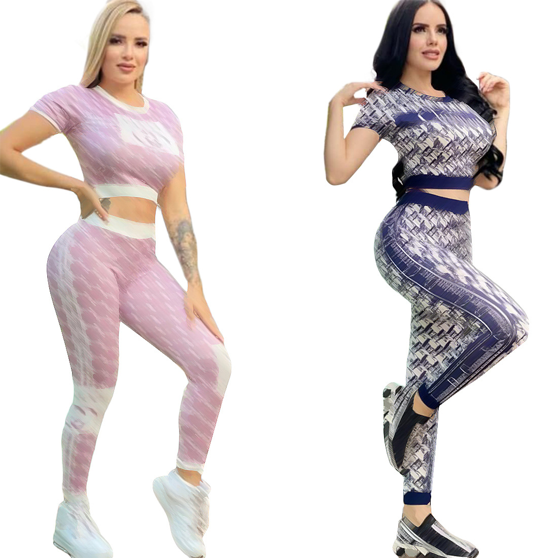 

Women' Tracksuits Brand Summer Young Lady Sport Comfortable Fashion Women' Digital Printed Casual Two Pieces Set Round Neck Top With Pants, Blue j2242